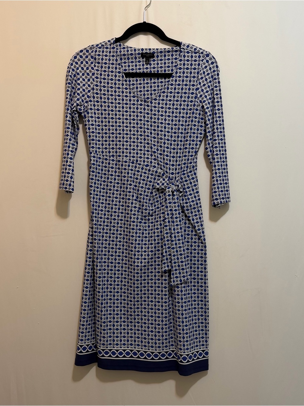 Talbots Navy & White Geometric Long Sleeve Wrap-Style Dress